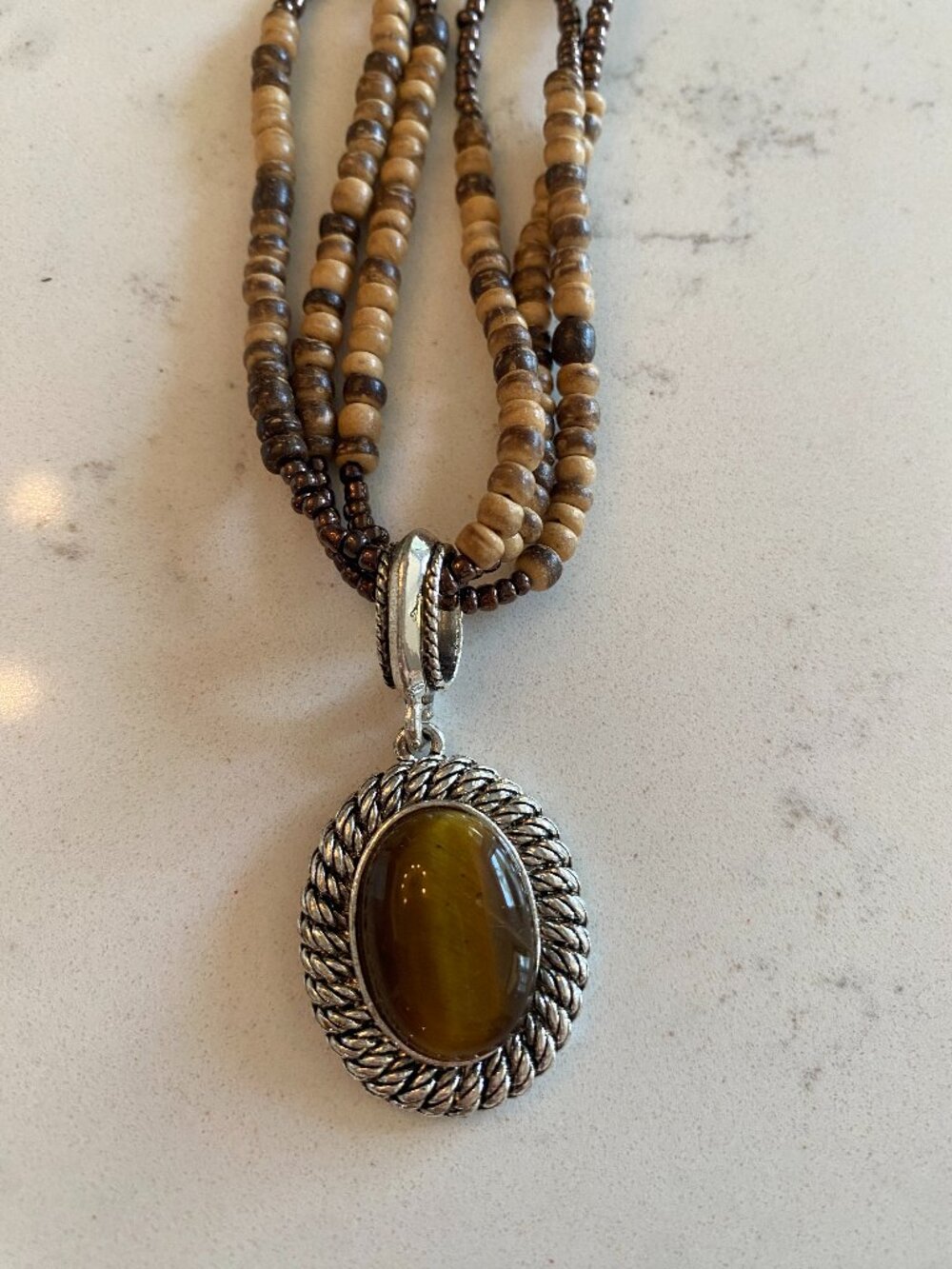 Avon Multi Strand Wood Bead Tiger's Eye Pendant Necklace Silver Tone Boho 24in